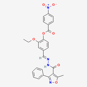 molecular formula C27H22N4O7 B11538925 2-ethoxy-4-[(E)-{2-[(5-methyl-3-phenyl-1,2-oxazol-4-yl)carbonyl]hydrazinylidene}methyl]phenyl 4-nitrobenzoate 