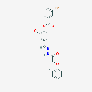 molecular formula C25H23BrN2O5 B11539649 4-[(E)-{2-[(2,4-dimethylphenoxy)acetyl]hydrazinylidene}methyl]-2-methoxyphenyl 3-bromobenzoate 