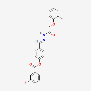 molecular formula C23H19FN2O4 B11539719 4-[(E)-{2-[(2-methylphenoxy)acetyl]hydrazinylidene}methyl]phenyl 3-fluorobenzoate 