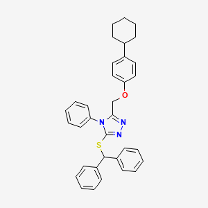 molecular formula C34H33N3OS B11539792 3-[(4-cyclohexylphenoxy)methyl]-5-[(diphenylmethyl)sulfanyl]-4-phenyl-4H-1,2,4-triazole 