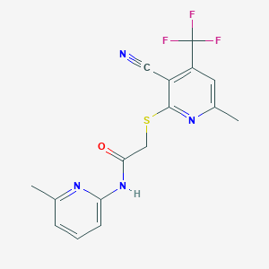 molecular formula C16H13F3N4OS B11540346 2-{[3-cyano-6-methyl-4-(trifluoromethyl)pyridin-2-yl]sulfanyl}-N-(6-methylpyridin-2-yl)acetamide 