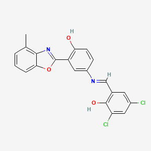 molecular formula C21H14Cl2N2O3 B11540538 2,4-dichloro-6-[(E)-{[4-hydroxy-3-(4-methyl-1,3-benzoxazol-2-yl)phenyl]imino}methyl]phenol 