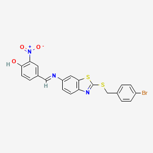 molecular formula C21H14BrN3O3S2 B11540552 4-[(E)-({2-[(4-bromobenzyl)sulfanyl]-1,3-benzothiazol-6-yl}imino)methyl]-2-nitrophenol 