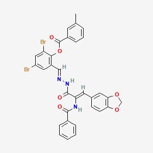 molecular formula C32H23Br2N3O6 B11540642 2-[(E)-(2-{(2Z)-3-(1,3-benzodioxol-5-yl)-2-[(phenylcarbonyl)amino]prop-2-enoyl}hydrazinylidene)methyl]-4,6-dibromophenyl 3-methylbenzoate 