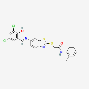 molecular formula C24H19Cl2N3O2S2 B11540650 2-[(6-{[(E)-(3,5-dichloro-2-hydroxyphenyl)methylidene]amino}-1,3-benzothiazol-2-yl)sulfanyl]-N-(2,4-dimethylphenyl)acetamide 