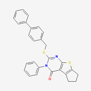 molecular formula C28H22N2OS2 B11540702 2-[(biphenyl-4-ylmethyl)thio]-3-phenyl-3,5,6,7-tetrahydro-4H-cyclopenta[4,5]thieno[2,3-d]pyrimidin-4-one 