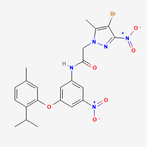 molecular formula C22H22BrN5O6 B11541526 2-(4-bromo-5-methyl-3-nitro-1H-pyrazol-1-yl)-N-{3-[5-methyl-2-(propan-2-yl)phenoxy]-5-nitrophenyl}acetamide 