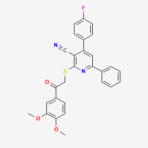 molecular formula C28H21FN2O3S B11542206 2-{[2-(3,4-Dimethoxyphenyl)-2-oxoethyl]sulfanyl}-4-(4-fluorophenyl)-6-phenylpyridine-3-carbonitrile 