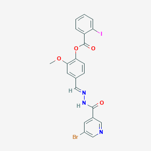 molecular formula C21H15BrIN3O4 B11542279 4-[(E)-{2-[(5-bromopyridin-3-yl)carbonyl]hydrazinylidene}methyl]-2-methoxyphenyl 2-iodobenzoate 