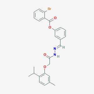 molecular formula C26H25BrN2O4 B11542319 3-[(E)-(2-{[5-methyl-2-(propan-2-yl)phenoxy]acetyl}hydrazinylidene)methyl]phenyl 2-bromobenzoate 