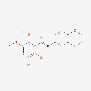 molecular formula C16H13Br2NO4 B11542731 3,4-dibromo-2-[(E)-(2,3-dihydro-1,4-benzodioxin-6-ylimino)methyl]-6-methoxyphenol 