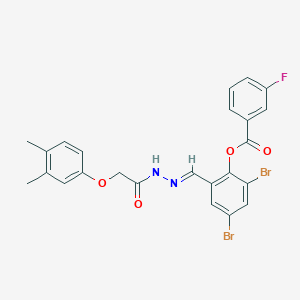 2,4-dibromo-6-[(E)-{2-[(3,4-dimethylphenoxy)acetyl]hydrazinylidene}methyl]phenyl 3-fluorobenzoate