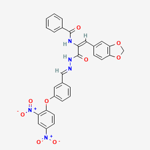 molecular formula C30H21N5O9 B11544184 N-[(1E)-1-(1,3-benzodioxol-5-yl)-3-{(2E)-2-[3-(2,4-dinitrophenoxy)benzylidene]hydrazinyl}-3-oxoprop-1-en-2-yl]benzamide 