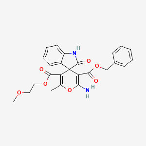 molecular formula C25H24N2O7 B11544188 3'-Benzyl 5'-(2-methoxyethyl) 2'-amino-6'-methyl-2-oxo-1,2-dihydrospiro[indole-3,4'-pyran]-3',5'-dicarboxylate 