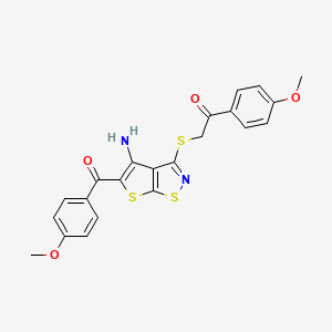 molecular formula C22H18N2O4S3 B11544549 2-({4-Amino-5-[(4-methoxyphenyl)carbonyl]thieno[3,2-d][1,2]thiazol-3-yl}sulfanyl)-1-(4-methoxyphenyl)ethanone 