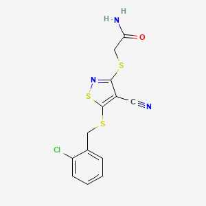 molecular formula C13H10ClN3OS3 B11544850 2-({5-[(2-Chlorobenzyl)thio]-4-cyanoisothiazol-3-yl}thio)acetamide 