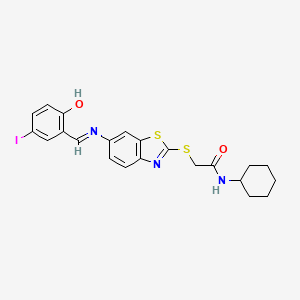 N-cyclohexyl-2-[(6-{[(E)-(2-hydroxy-5-iodophenyl)methylidene]amino}-1,3-benzothiazol-2-yl)sulfanyl]acetamide