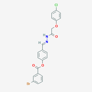 molecular formula C22H16BrClN2O4 B11547302 4-(2-((4-Chlorophenoxy)acetyl)carbohydrazonoyl)phenyl 3-bromobenzoate CAS No. 303087-31-2