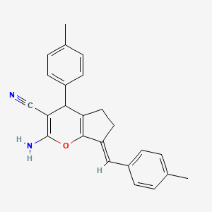 molecular formula C24H22N2O B11547377 (7E)-2-amino-7-(4-methylbenzylidene)-4-(4-methylphenyl)-4,5,6,7-tetrahydrocyclopenta[b]pyran-3-carbonitrile 