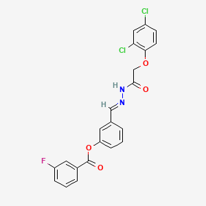 molecular formula C22H15Cl2FN2O4 B11547429 3-[(E)-{2-[(2,4-dichlorophenoxy)acetyl]hydrazinylidene}methyl]phenyl 3-fluorobenzoate 