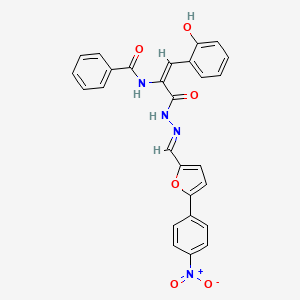 molecular formula C27H20N4O6 B11547654 N-{(1E)-1-(2-hydroxyphenyl)-3-[(2E)-2-{[5-(4-nitrophenyl)furan-2-yl]methylidene}hydrazinyl]-3-oxoprop-1-en-2-yl}benzamide 