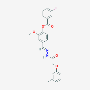 molecular formula C24H21FN2O5 B11547710 2-methoxy-4-[(E)-{2-[(3-methylphenoxy)acetyl]hydrazinylidene}methyl]phenyl 3-fluorobenzoate 