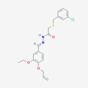 molecular formula C21H23ClN2O3S B11547822 2-[(3-chlorobenzyl)sulfanyl]-N'-{(E)-[3-ethoxy-4-(prop-2-en-1-yloxy)phenyl]methylidene}acetohydrazide 