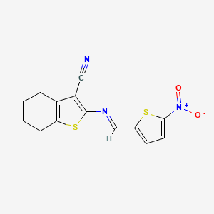 molecular formula C14H11N3O2S2 B11547860 2-{[(E)-(5-nitrothiophen-2-yl)methylidene]amino}-4,5,6,7-tetrahydro-1-benzothiophene-3-carbonitrile 