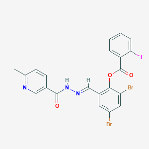 molecular formula C21H14Br2IN3O3 B11547920 2,4-dibromo-6-[(E)-{2-[(6-methylpyridin-3-yl)carbonyl]hydrazinylidene}methyl]phenyl 2-iodobenzoate 