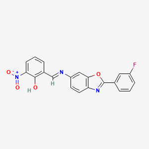 molecular formula C20H12FN3O4 B11547961 2-[(E)-{[2-(3-fluorophenyl)-1,3-benzoxazol-6-yl]imino}methyl]-6-nitrophenol 