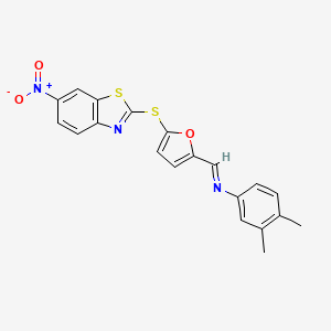 3,4-dimethyl-N-[(E)-{5-[(6-nitro-1,3-benzothiazol-2-yl)sulfanyl]furan-2-yl}methylidene]aniline