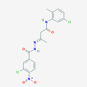 molecular formula C18H16Cl2N4O4 B11548178 (3E)-N-(5-chloro-2-methylphenyl)-3-{2-[(3-chloro-4-nitrophenyl)carbonyl]hydrazinylidene}butanamide 