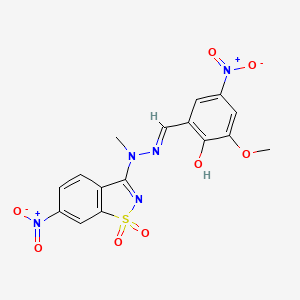 molecular formula C16H13N5O8S B11548627 2-methoxy-6-{(E)-[2-methyl-2-(6-nitro-1,1-dioxido-1,2-benzothiazol-3-yl)hydrazinylidene]methyl}-4-nitrophenol 