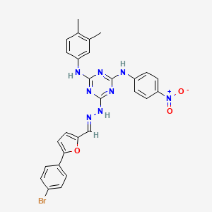 molecular formula C28H23BrN8O3 B11548822 6-[(2E)-2-{[5-(4-bromophenyl)furan-2-yl]methylidene}hydrazinyl]-N-(3,4-dimethylphenyl)-N'-(4-nitrophenyl)-1,3,5-triazine-2,4-diamine 