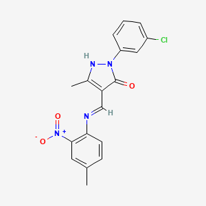 molecular formula C18H15ClN4O3 B11548876 (4E)-2-(3-chlorophenyl)-5-methyl-4-{[(4-methyl-2-nitrophenyl)amino]methylidene}-2,4-dihydro-3H-pyrazol-3-one 