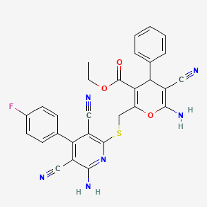 molecular formula C29H21FN6O3S B11548905 ethyl 6-amino-2-({[6-amino-3,5-dicyano-4-(4-fluorophenyl)pyridin-2-yl]sulfanyl}methyl)-5-cyano-4-phenyl-4H-pyran-3-carboxylate 