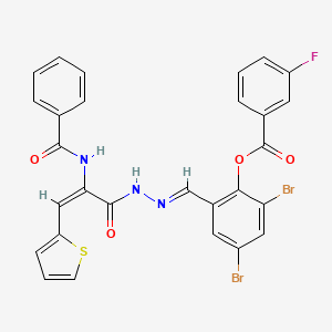 molecular formula C28H18Br2FN3O4S B11549009 2,4-dibromo-6-[(E)-{2-[(2E)-2-[(phenylcarbonyl)amino]-3-(thiophen-2-yl)prop-2-enoyl]hydrazinylidene}methyl]phenyl 3-fluorobenzoate 