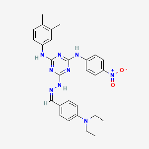 molecular formula C28H31N9O2 B11549346 6-{(2Z)-2-[4-(diethylamino)benzylidene]hydrazinyl}-N-(3,4-dimethylphenyl)-N'-(4-nitrophenyl)-1,3,5-triazine-2,4-diamine 