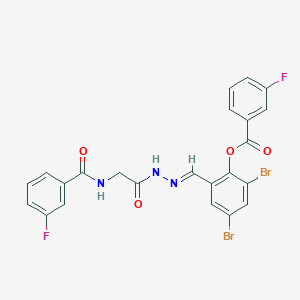 molecular formula C23H15Br2F2N3O4 B11549472 2,4-Dibromo-6-[(E)-({2-[(3-fluorophenyl)formamido]acetamido}imino)methyl]phenyl 3-fluorobenzoate 