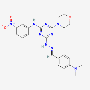 molecular formula C22H25N9O3 B11549622 4-{(2E)-2-[4-(dimethylamino)benzylidene]hydrazinyl}-6-(morpholin-4-yl)-N-(3-nitrophenyl)-1,3,5-triazin-2-amine 