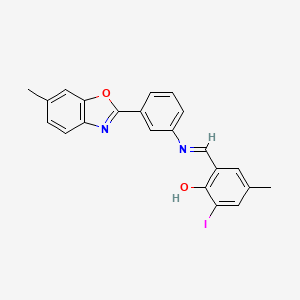 molecular formula C22H17IN2O2 B11549647 2-iodo-4-methyl-6-[(E)-{[3-(6-methyl-1,3-benzoxazol-2-yl)phenyl]imino}methyl]phenol 