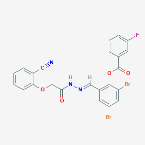 molecular formula C23H14Br2FN3O4 B11549664 2,4-dibromo-6-[(E)-{2-[(2-cyanophenoxy)acetyl]hydrazinylidene}methyl]phenyl 3-fluorobenzoate 