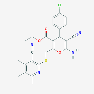 molecular formula C25H23ClN4O3S B11549876 ethyl 6-amino-4-(4-chlorophenyl)-5-cyano-2-{[(3-cyano-4,5,6-trimethylpyridin-2-yl)sulfanyl]methyl}-4H-pyran-3-carboxylate 