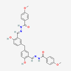 N'-[(E)-[2-Hydroxy-5-({4-hydroxy-3-[(E)-{[(4-methoxyphenyl)formamido]imino}methyl]phenyl}methyl)phenyl]methylidene]-4-methoxybenzohydrazide