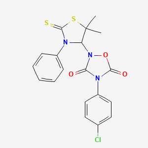 molecular formula C19H16ClN3O3S2 B11550156 4-(4-Chlorophenyl)-2-(5,5-dimethyl-3-phenyl-2-sulfanylidene-1,3-thiazolidin-4-yl)-1,2,4-oxadiazolidine-3,5-dione 