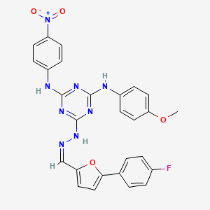 molecular formula C27H21FN8O4 B11550223 6-[(2Z)-2-{[5-(4-fluorophenyl)furan-2-yl]methylidene}hydrazinyl]-N-(4-methoxyphenyl)-N'-(4-nitrophenyl)-1,3,5-triazine-2,4-diamine 