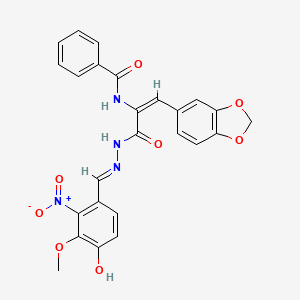 molecular formula C25H20N4O8 B11550257 N-{(1E)-1-(1,3-benzodioxol-5-yl)-3-[(2E)-2-(4-hydroxy-3-methoxy-2-nitrobenzylidene)hydrazinyl]-3-oxoprop-1-en-2-yl}benzamide 