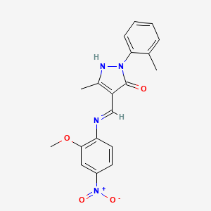 molecular formula C19H18N4O4 B11550357 (4E)-4-{[(2-methoxy-4-nitrophenyl)amino]methylidene}-5-methyl-2-(2-methylphenyl)-2,4-dihydro-3H-pyrazol-3-one 