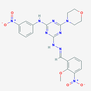 molecular formula C21H21N9O6 B11550384 4-[(2E)-2-(2-methoxy-3-nitrobenzylidene)hydrazinyl]-6-(morpholin-4-yl)-N-(3-nitrophenyl)-1,3,5-triazin-2-amine 