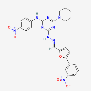 molecular formula C25H23N9O5 B11550454 N-(4-nitrophenyl)-4-[(2E)-2-{[5-(3-nitrophenyl)furan-2-yl]methylidene}hydrazinyl]-6-(piperidin-1-yl)-1,3,5-triazin-2-amine 